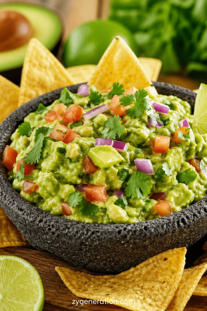 Guacamole maison frais et crémeux servi dans un bol, avec morceaux de tomate, oignon rouge, coriandre et chips tortilla autour.