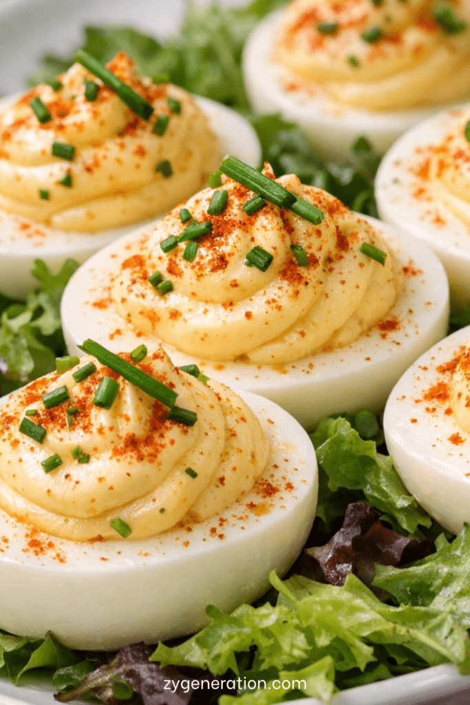 Œufs durs garnis à la mayonnaise citronnée, saupoudrés de paprika fumé et servis sur un lit de roquette fraîche.