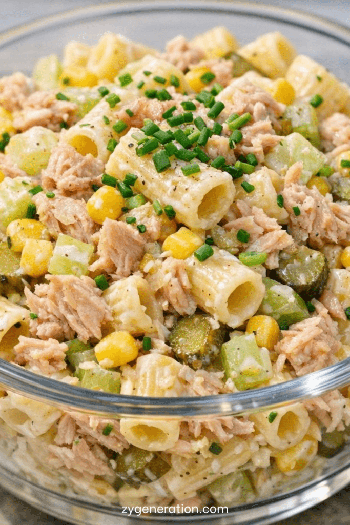 Salade froide de pâtes au thon, maïs doux et céleri croquant, servie bien fraîche avec une sauce crémeuse au yaourt.