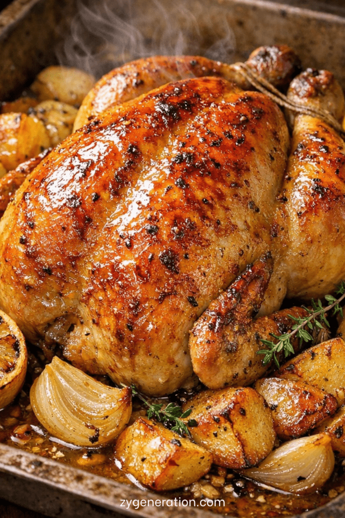 Poulet rôti entier à la peau dorée, servi avec pommes de terre fondantes, citron, ail, thym et jus de cuisson parfumé.