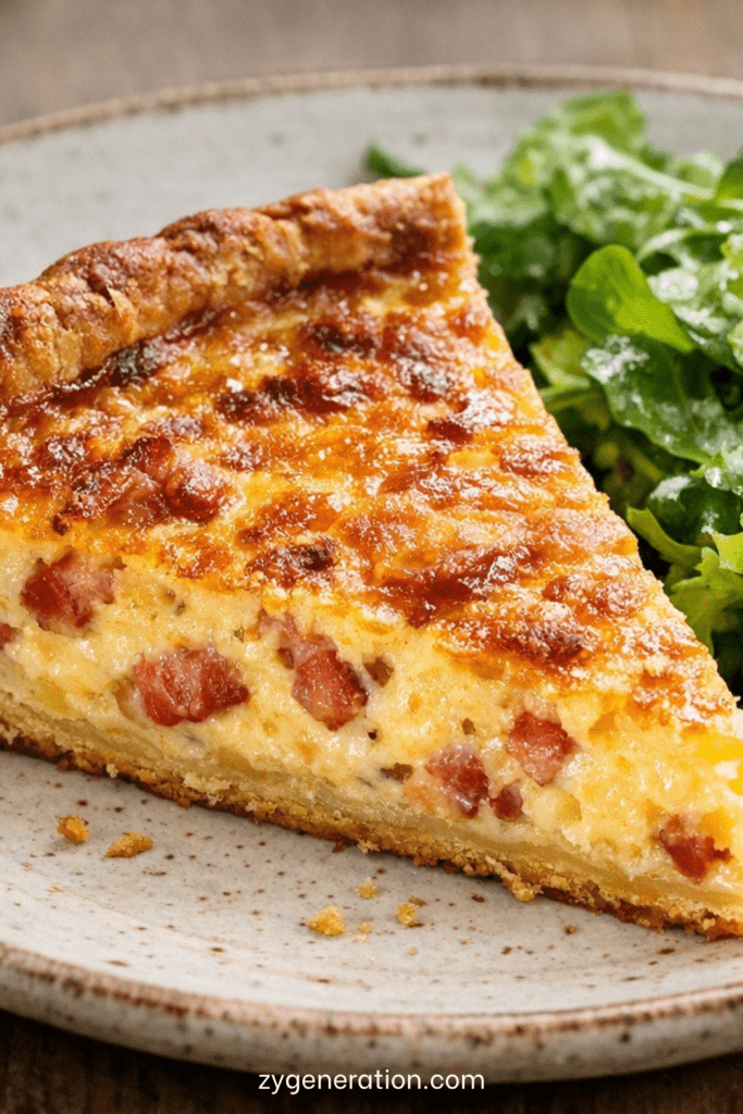 Quiche lorraine traditionnelle dorée, garnie de lardons fumés, servie en parts avec une pâte croustillante et une salade verte.