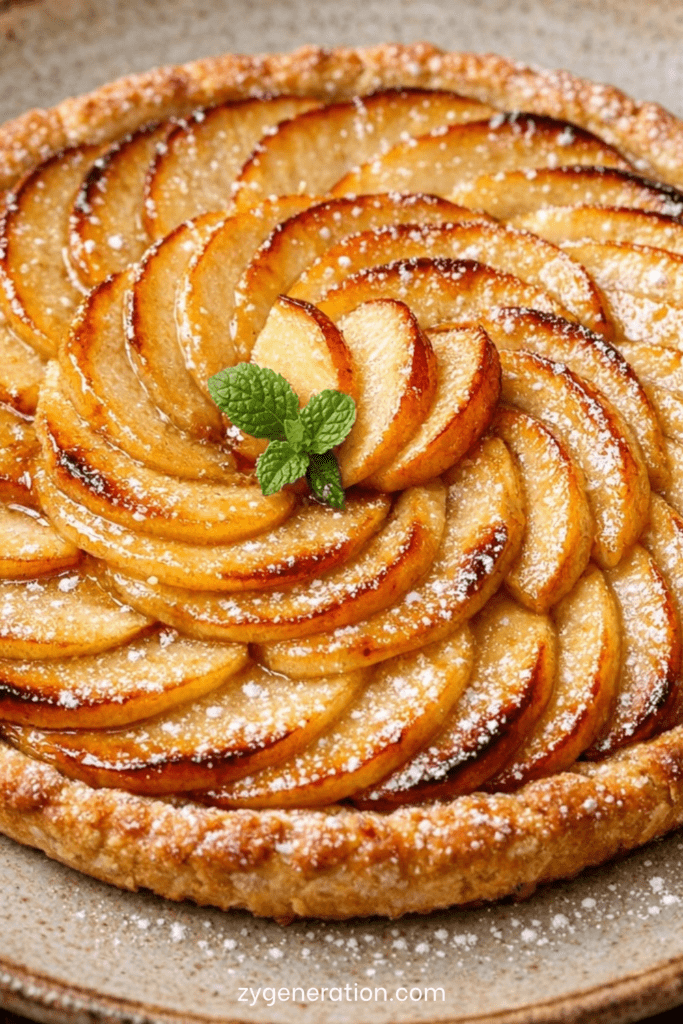 Tarte aux pommes maison de grand-mère, garnie de fines lamelles de pommes dorées, sur une pâte croustillante et légèrement brillante.