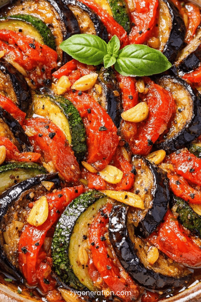 Ratatouille provençale fondante aux aubergines, courgettes, poivrons et tomates confites, servie dans un plat rustique.