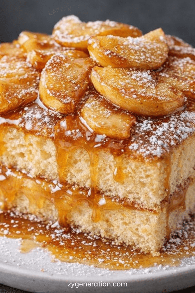 Gâteau d’anniversaire rond aux pommes caramélisées et vanille, décoré de lamelles de pommes brillantes et d’un léger voile de sucre glace.