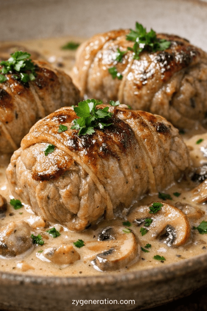 Paupiettes de veau mijotées aux champignons de Paris dans une sauce crémeuse, servies avec persil frais et purée maison.