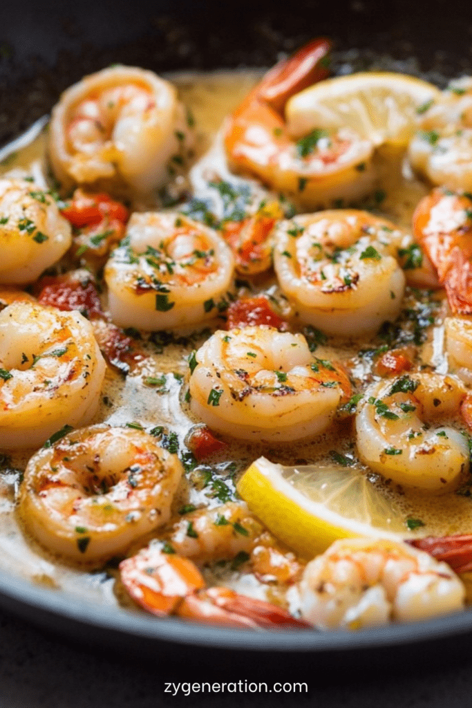 Poêlée de crevettes dorées au beurre à l’ail et au citron, parsemées de persil frais et servies avec du pain croustillant.