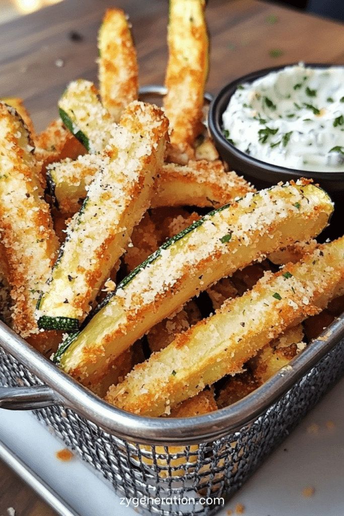 Frites de courgettes croustillantes au parmesan, dorées au four et servies avec une sauce tzatziki maison au yaourt grec.