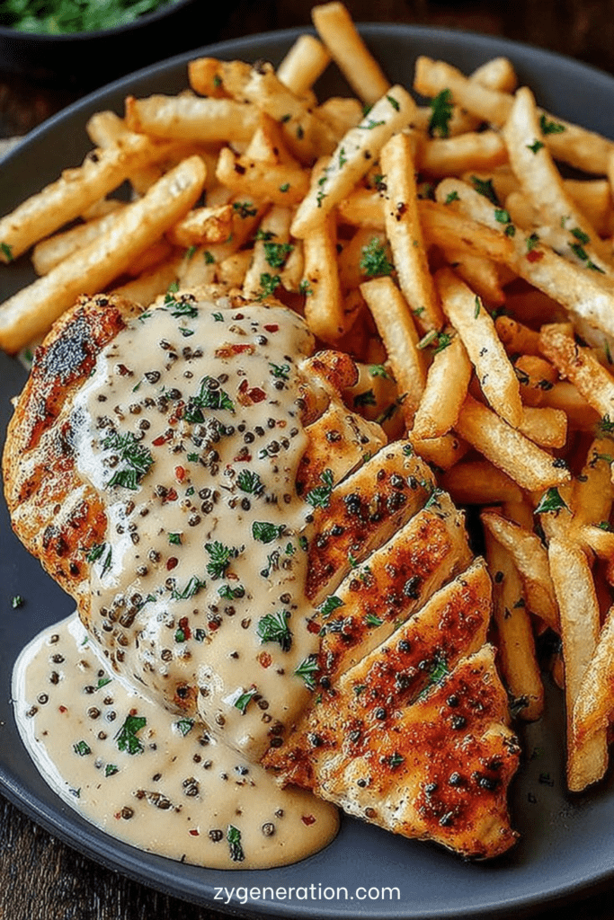 Poulet grillé doré nappé de sauce crémeuse au poivre, servi avec des frites croustillantes et du persil frais dans une assiette façon bistrot