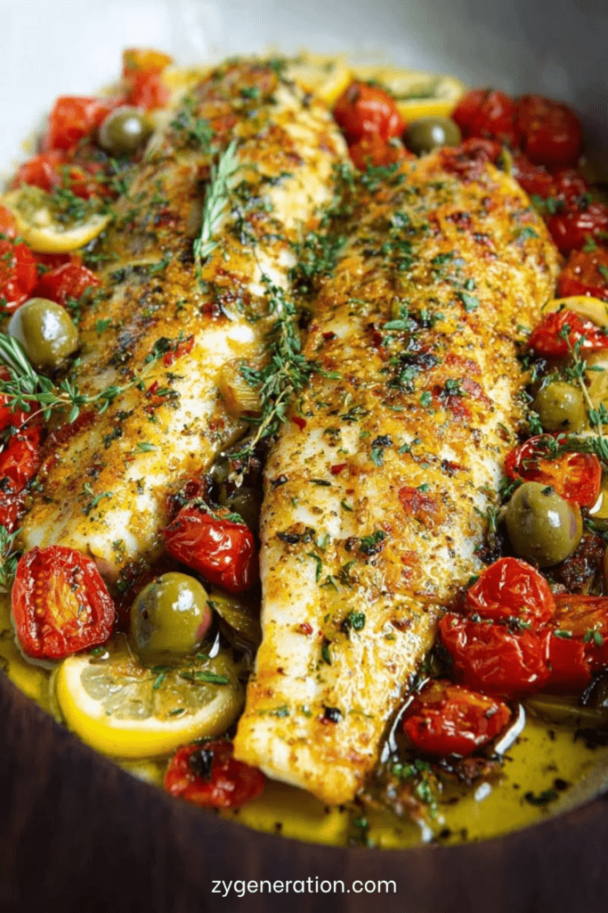 Filets de poisson blanc à la provençale cuits au four avec tomates cerises, olives, citron, thym frais, huile d’olive et persil haché