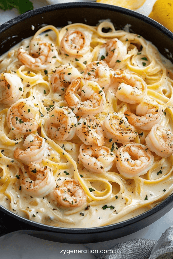 Pâtes Alfredo crémeuses aux crevettes servies dans une assiette creuse, avec sauce au parmesan, ail, persil frais et poivre noir