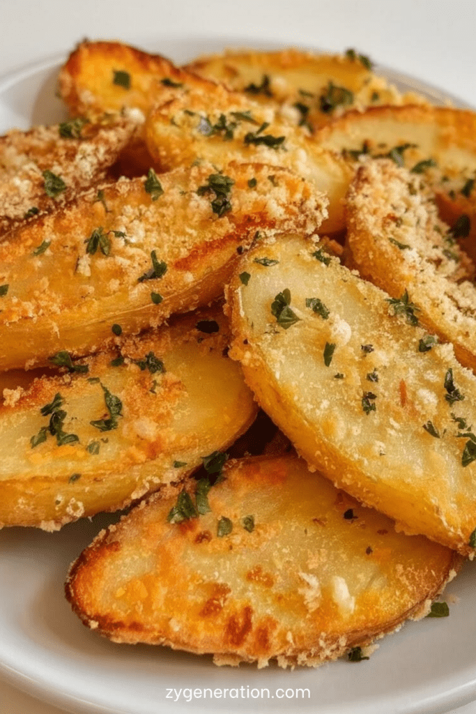Pommes de terre croustillantes au parmesan dorées au four, avec croûte savoureuse, chapelure, ail, paprika et persil frais