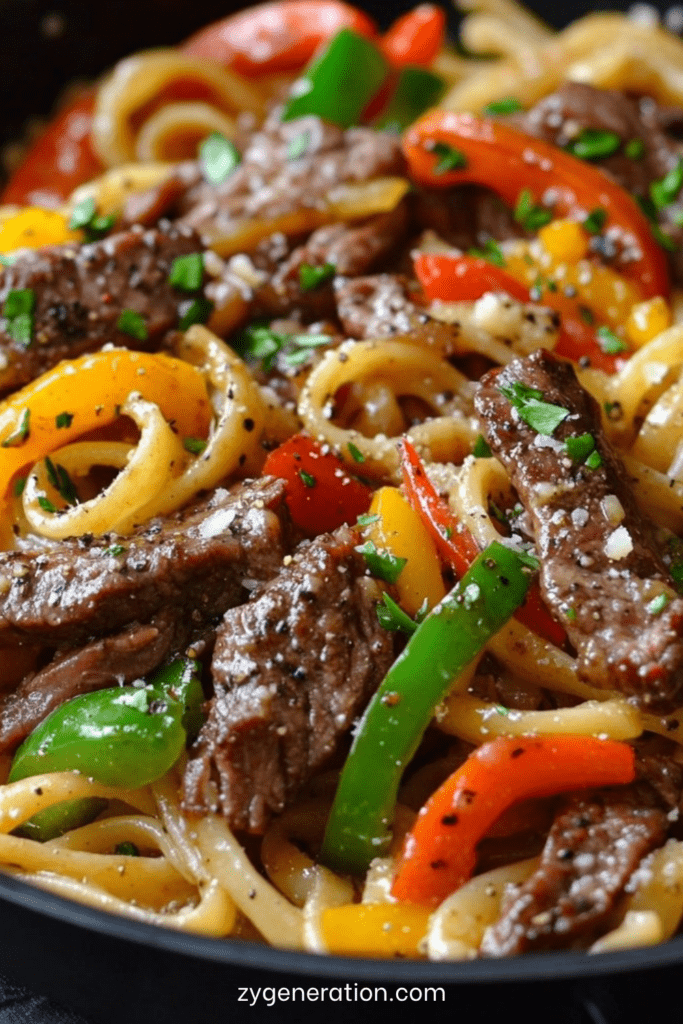 Pâtes au steak et poivron grésillantes servies chaudes, avec lanières de bœuf dorées, poivrons rouges, ail, paprika, persil frais et parmesan