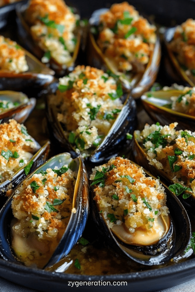 Moules farcies au beurre à l’ail et au persil gratinées au four, avec chapelure dorée, coquilles garnies et pain grillé