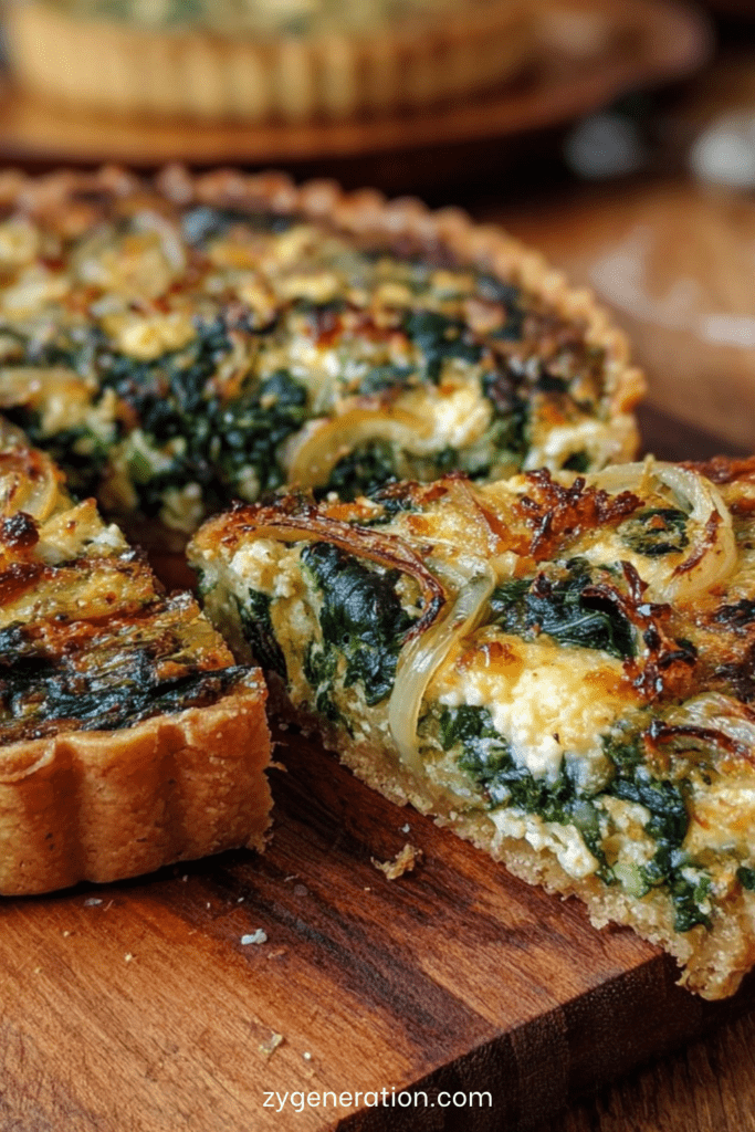 Tarte aux épinards, feta et oignons dorée au four, servie en parts avec pâte feuilletée croustillante et garniture crémeuse aux œufs