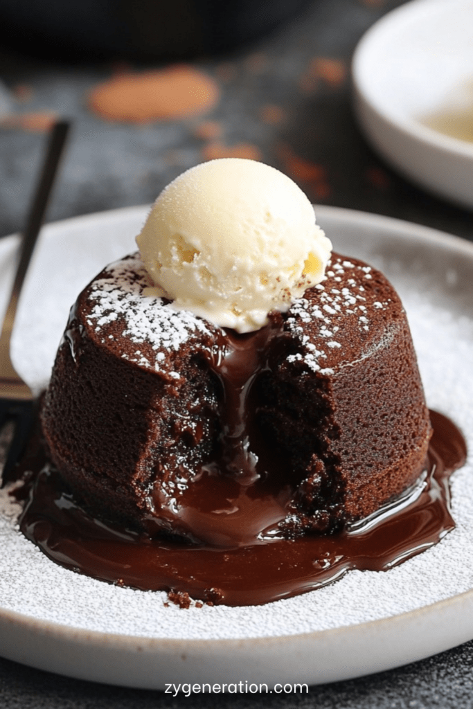 Fondants au chocolat individuels avec cœur coulant, servis avec une boule de glace vanille, coulis de fruits rouges et chocolat fondu