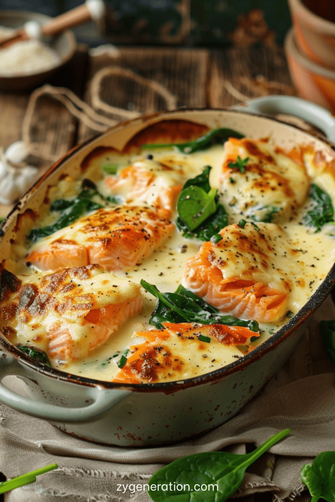 Gratin léger de saumon et épinards doré au four, avec sauce au yaourt, moutarde, fromage râpé léger et morceaux de saumon fondants