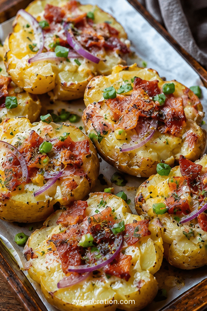 Pommes de terre écrasées croustillantes garnies de fromage à raclette fondu, lardons dorés, oignon rouge et ciboulette fraîche, servies chaudes sur une plaque.