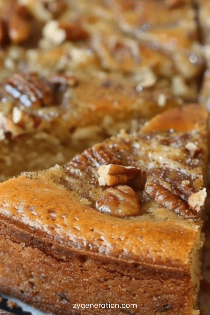 Gâteau léger aux noisettes moelleux, saupoudré de sucre glace, présenté en parts carrées avec une texture aérienne et dorée.