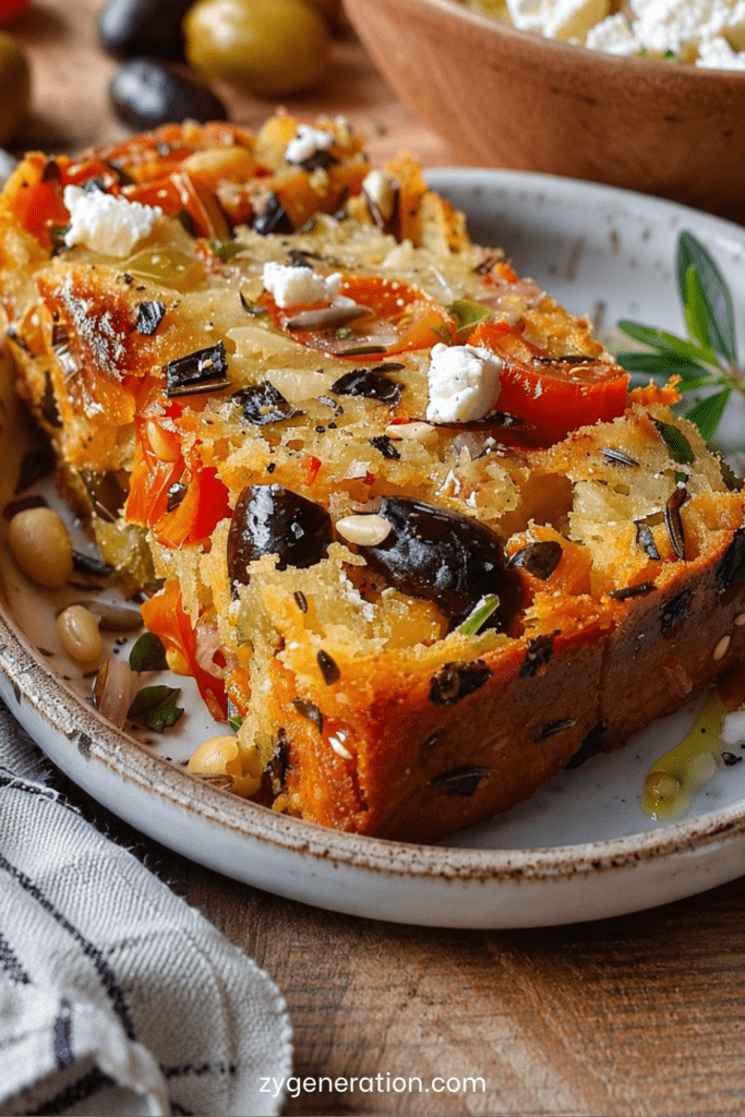 Gâteau salé moelleux aux tomates séchées, feta, olives noires et gruyère râpé, coupé en tranches dorées sur une planche en bois.