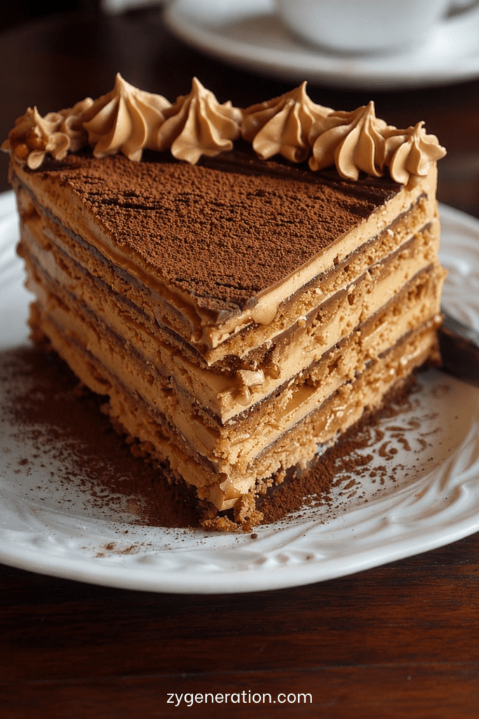Gâteau Petit Beurre au café sans cuisson, composé de couches de biscuits imbibés de café et de crème au beurre cacao, servi en parts fondantes.