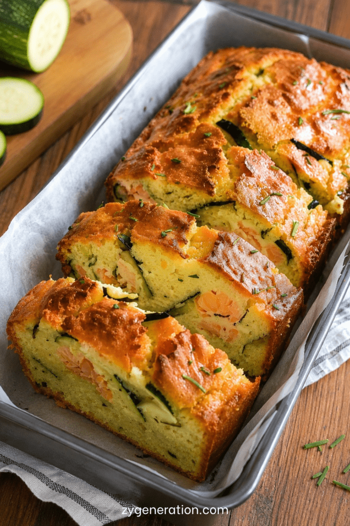 Cake salé au saumon fumé et courgettes, coupé en tranches moelleuses avec morceaux de fromage, courgettes râpées et saumon fumé.