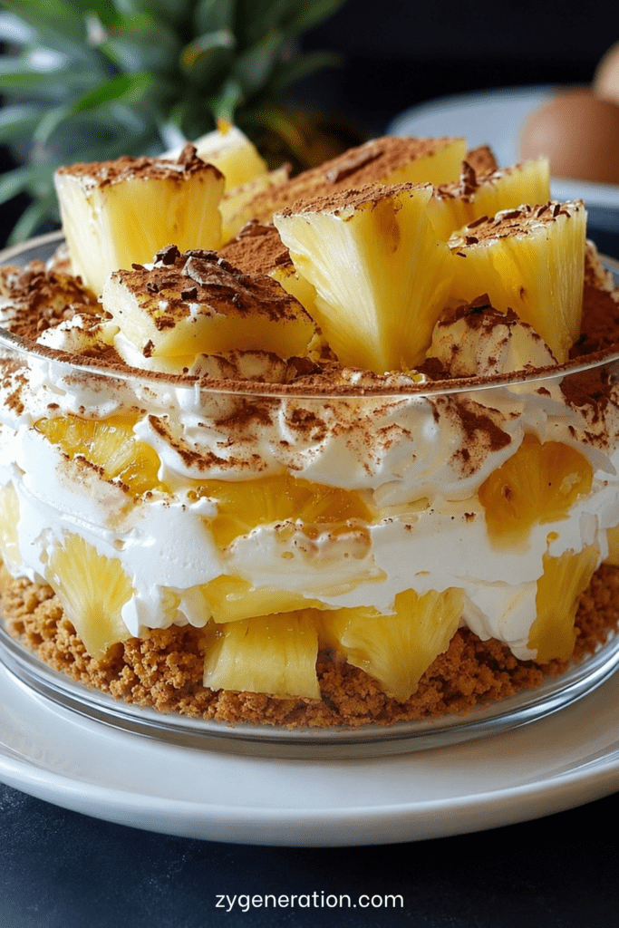 Tiramisu coco ananas en verrines, avec crème mascarpone à la noix de coco, morceaux d’ananas frais, biscuits moelleux et noix de coco râpée.