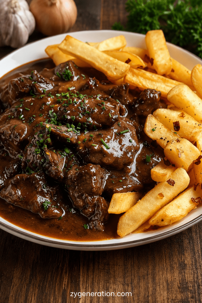 Carbonade flamande servie avec des frites maison dorées, morceaux de bœuf fondants nappés d’une sauce brune à la bière et aux oignons.