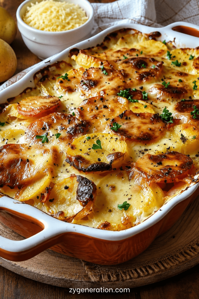 Gratin de pommes de terre au chorizo, tomates et béchamel, doré au gruyère râpé, servi chaud dans un plat familial.