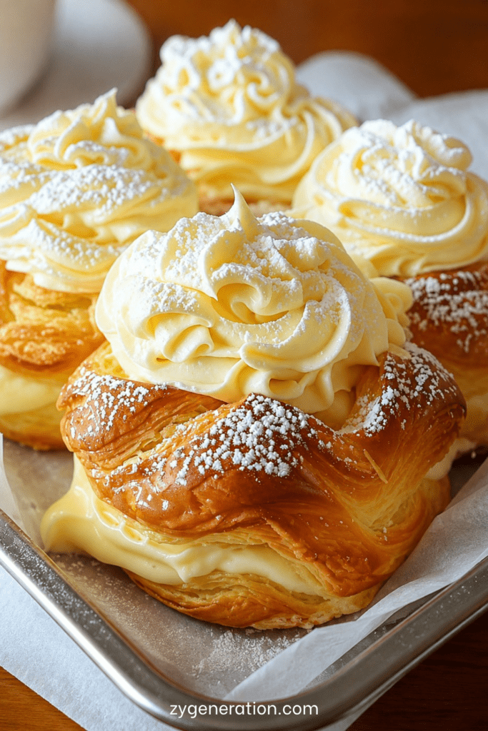 Choux dorés garnis de crème pâtissière à la vanille, avec un léger glaçage blanc sur le dessus, servis sur une assiette de dessert.