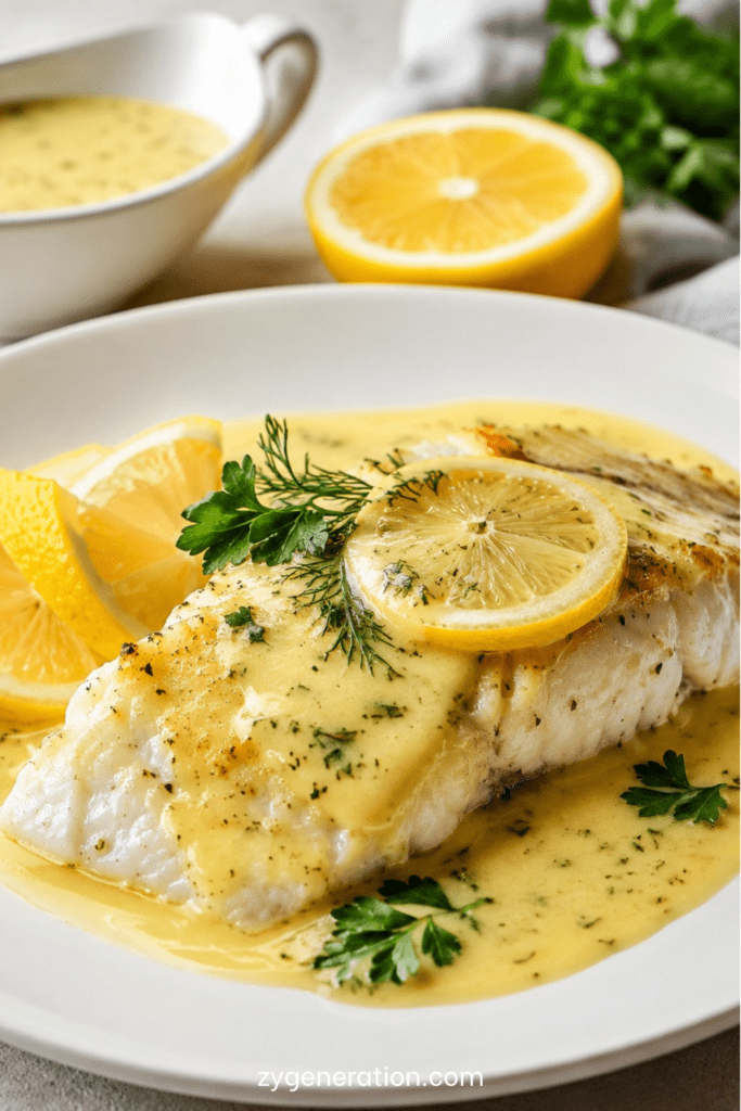 Sauce citronnée crémeuse pour poisson, préparée avec crème, citron, échalote, ail, moutarde douce et persil frais, servie chaude dans une saucière.