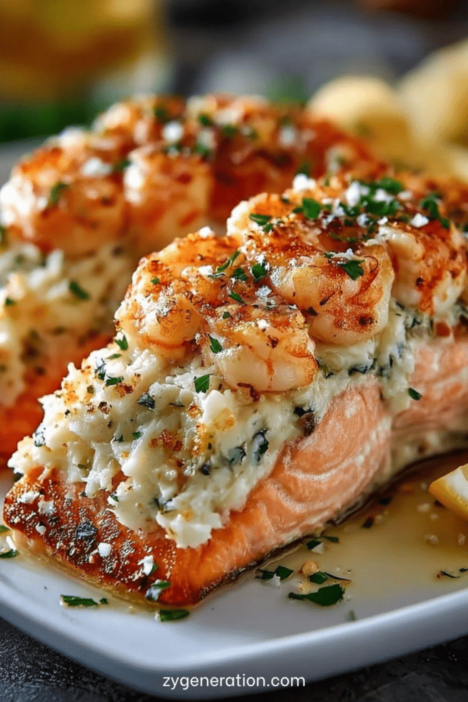 Pavés de saumon farcis d’une crème au fromage frais et aux crevettes, servis avec une sauce citronnée, du persil frais et une garniture fondante