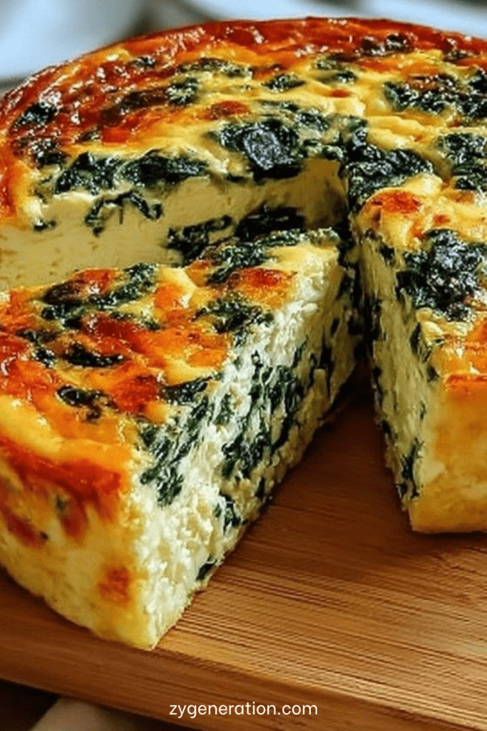 Quiche épaisse aux épinards et fromage, dorée au four, servie en parts généreuses avec une texture fondante et une garniture verte.