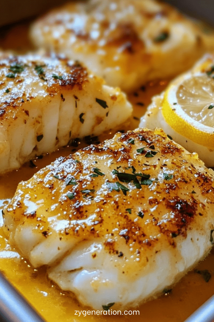 Dos de cabillaud cuits au four avec une sauce au beurre citronné, rondelles de citron, ail et persil frais, servis bien chauds.