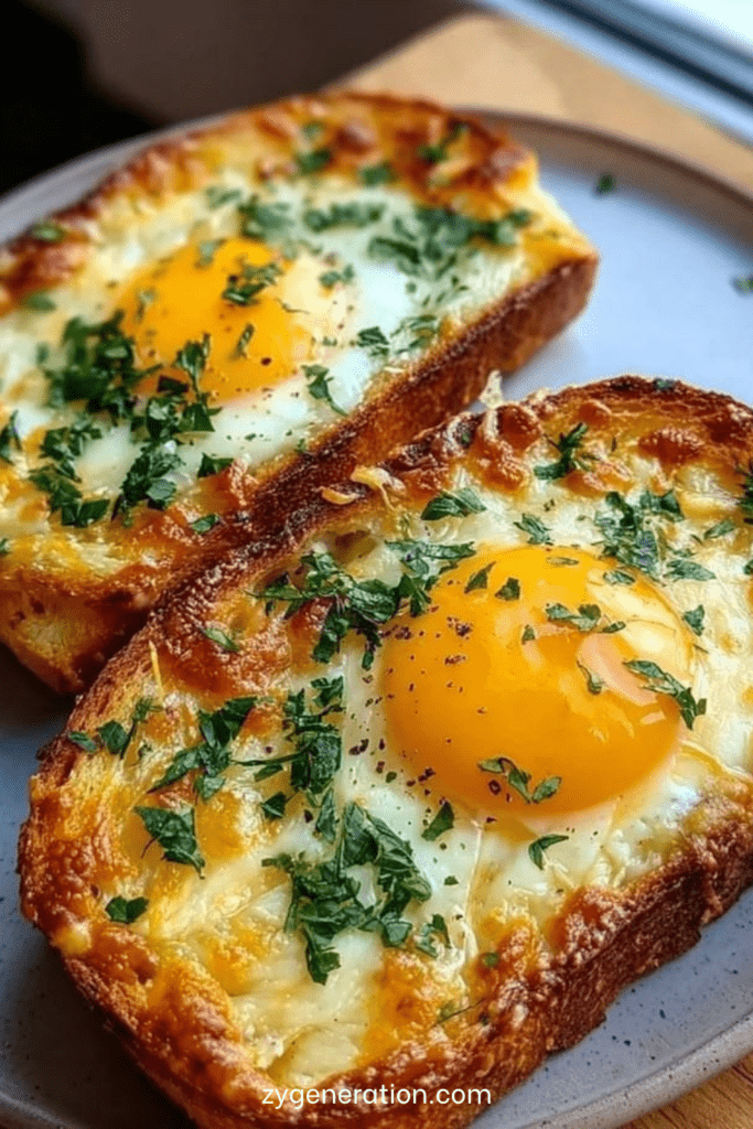 Toasts dorés au four avec œufs au centre, fromage fondu, crème fraîche, persil frais et pain croustillant servis chauds.