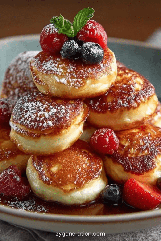 Pancakes japonais épais et moelleux servis avec framboises, myrtilles, fraises, sirop d’érable, sucre glace et feuilles de menthe fraîche.