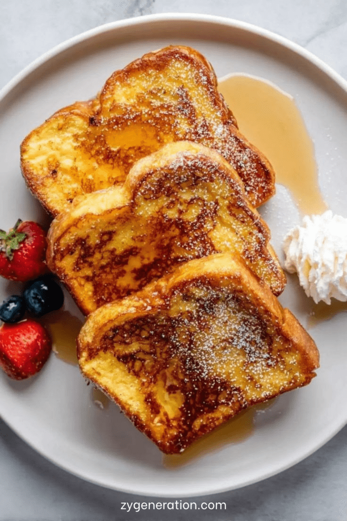 Tranches de pain perdu moelleux et doré, nappées de sirop d’érable, saupoudrées de sucre glace et servies avec fraises et myrtilles.