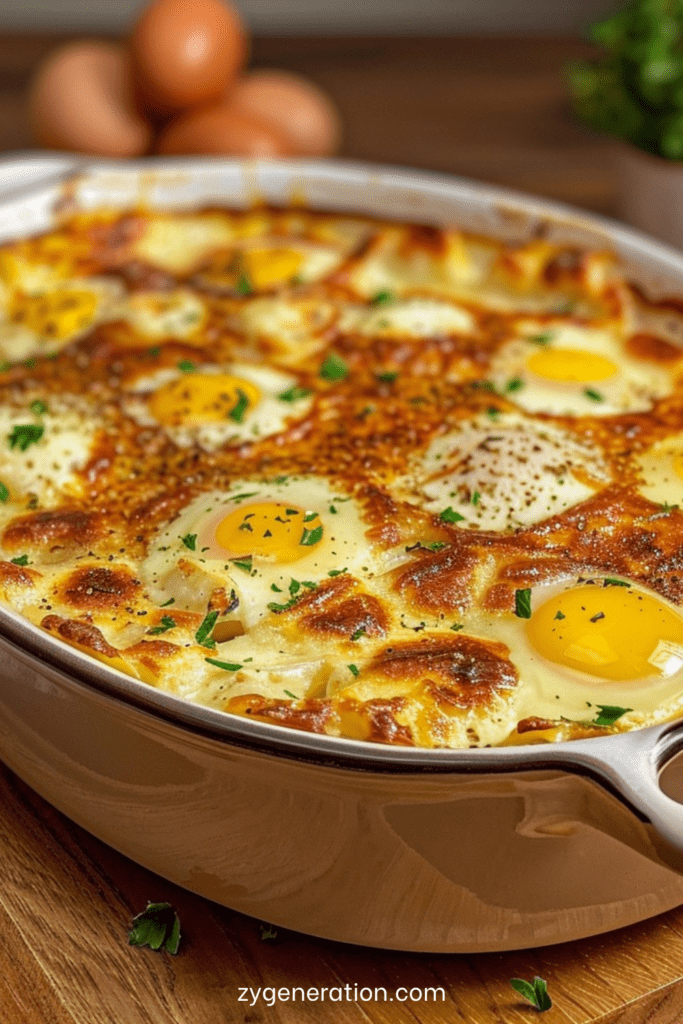 Gratin d’œufs au fromage familial avec pommes de terre fondantes, crème fraîche, oignons revenus, fromage râpé doré et persil frais.