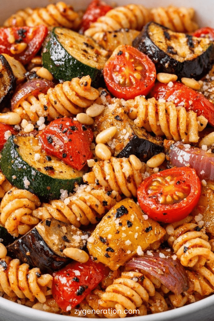 Pâtes tortiglioni aux légumes grillés, courgette, aubergine, poivron jaune, pesto rosso, huile d’olive et herbes fraîches.