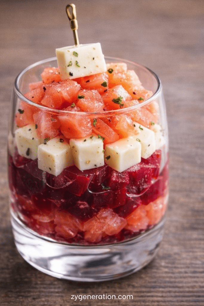 Verrines élégantes de betterave mixée, fromage frais citronné, échalote, ciboulette et saumon fumé, décorées de balsamique.