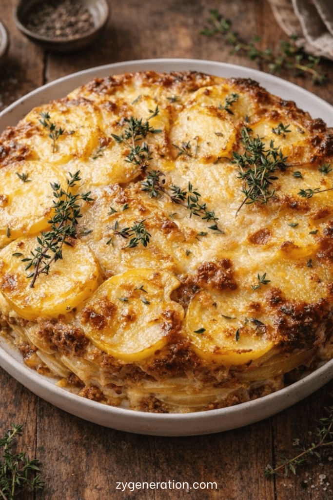Gratin de pommes de terre au bœuf haché avec béchamel fromagère, gruyère doré, parmesan, thym frais et croûte croustillante.