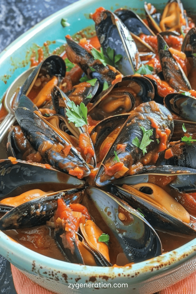 Moules fraîches à la sauce tomate épicée avec ail, oignon, paprika, vin blanc, piment, persil frais et sauce rouge parfumée.