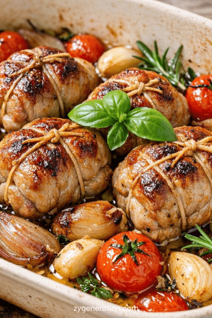 Paupiettes de veau dorées au four avec tomates cerises confites, échalotes, ail, thym, romarin, laurier et basilic frais.