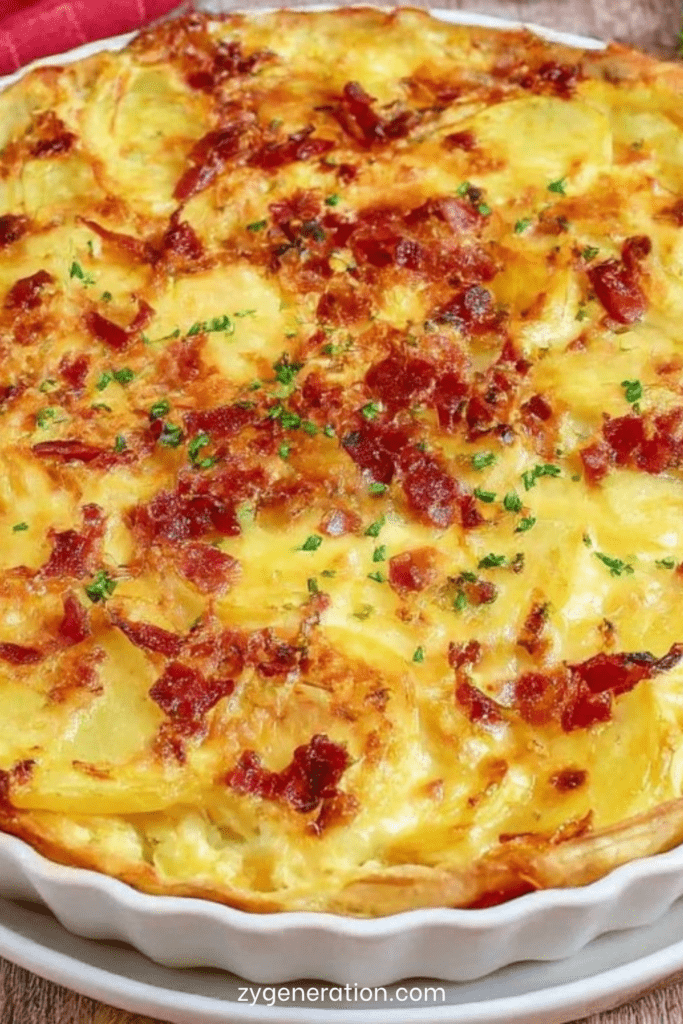 Tarte salée aux pommes de terre fondantes, lardons fumés dorés, crème fraîche, œufs et comté râpé gratiné sur pâte brisée.
