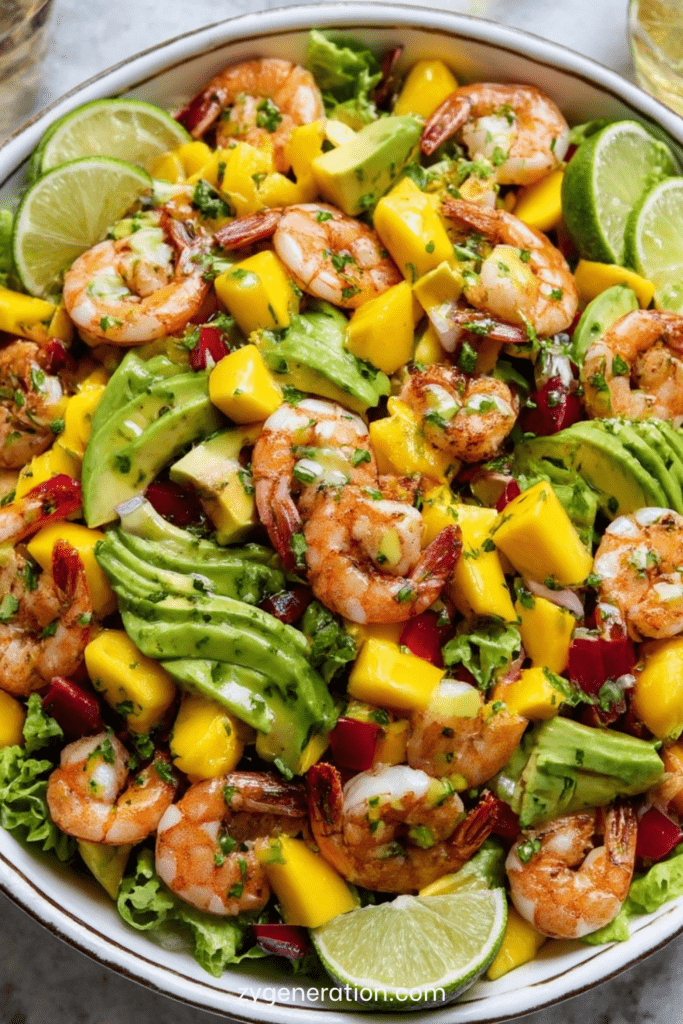 Salade fraîche de crevettes poêlées, avocat, mangue mûre, jeunes pousses, oignon rouge, citron vert et coriandre.