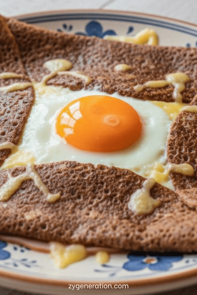 Galette complète bretonne au sarrasin garnie de jambon blanc, fromage râpé fondu et œuf au jaune coulant, pliée en carré.