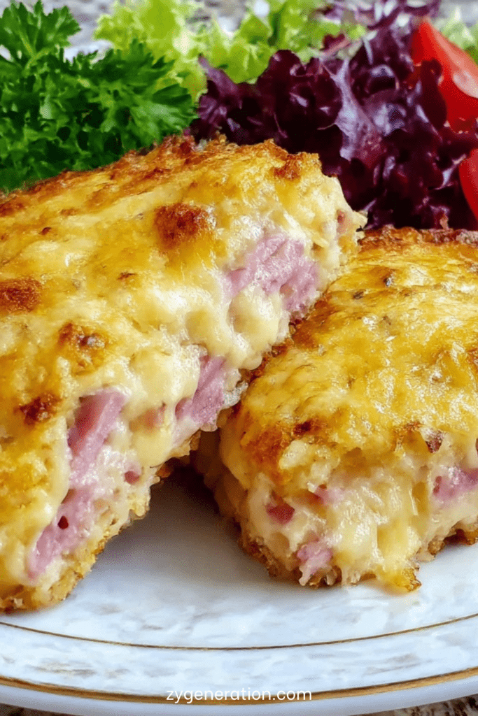 Croque-monsieur léger au four avec pain complet doré, jambon blanc dégraissé, béchamel légère, fromage râpé gratiné et salade verte.