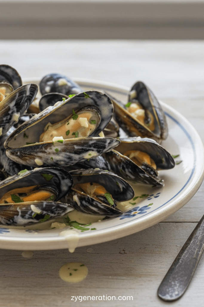 Moules fraîches à la crème liquide, ail haché, beurre, persil frais, poivre noir et sauce onctueuse servies en assiettes creuses.
