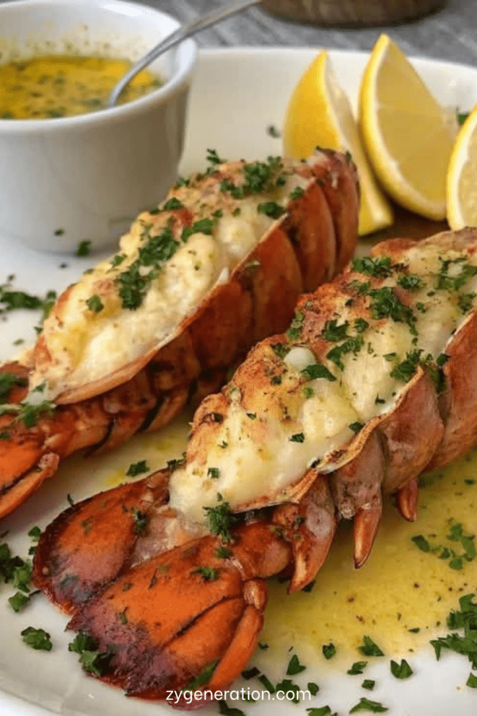 Queues de homard grillées au four, chair dorée et nappée de beurre citronné à l’ail, servies avec du persil frais et des quartiers de citron.