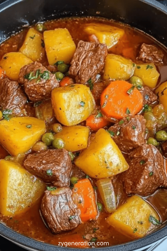 Ragoût de bœuf mijoté avec pommes de terre fondantes, carottes, petits pois et sauce tomate parfumée, servi chaud dans une cocotte familiale.