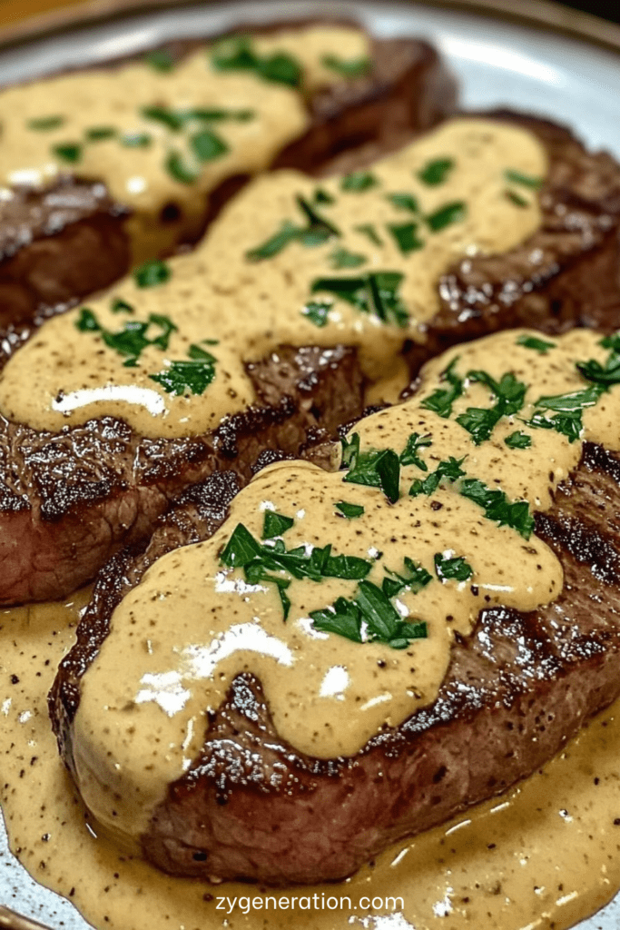 Steaks de bœuf grillés nappés d’une sauce crémeuse au poivre, servis chauds avec du persil frais et une sauce onctueuse façon restaurant.